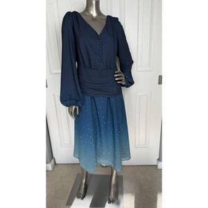 Wayward Fancies eShakti Ombre Star Print Crepe Pleated Empire Dress Sz 14